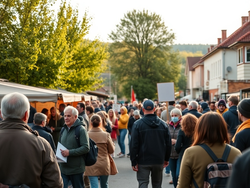 Grupa rodziców protestujących przeciwko zmianom oświatowym w Skórczu, transparenty z hasłami o edukacji.
