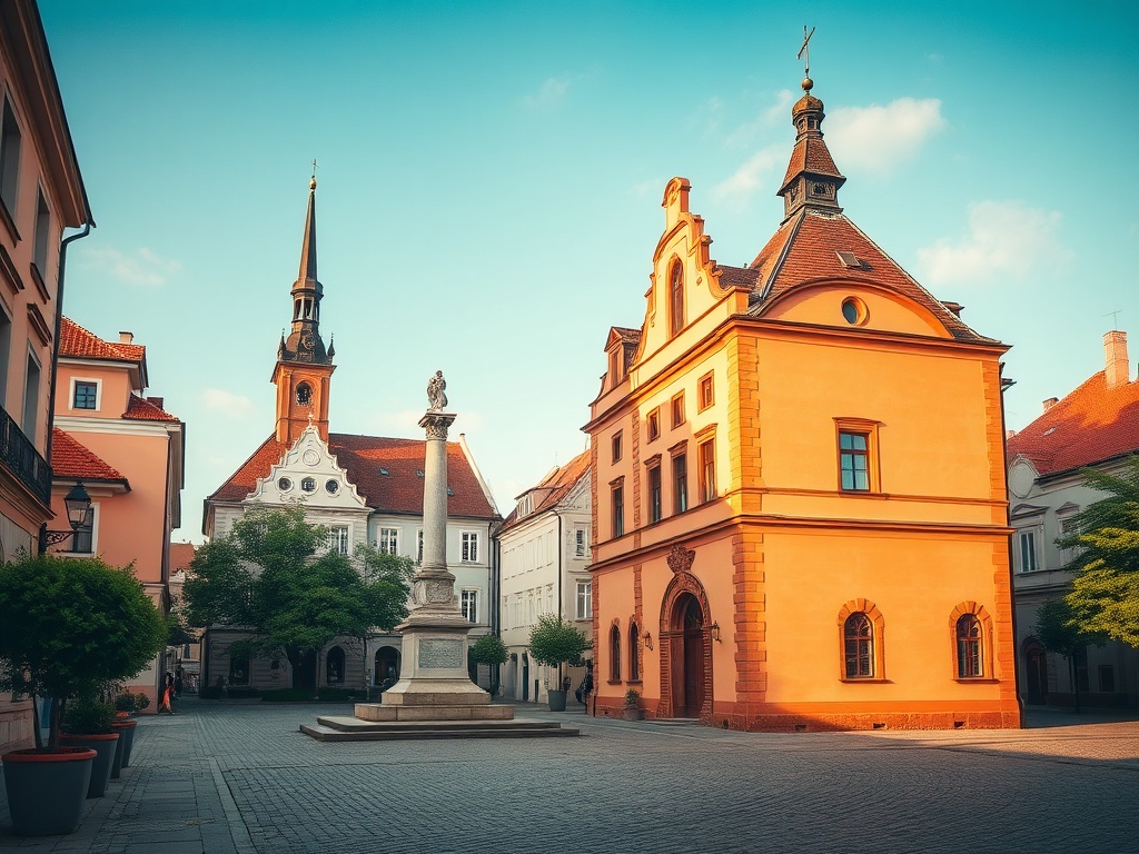 Widok na rynek lub charakterystyczną ulicę miasta Skórcz z zabytkową zabudową.