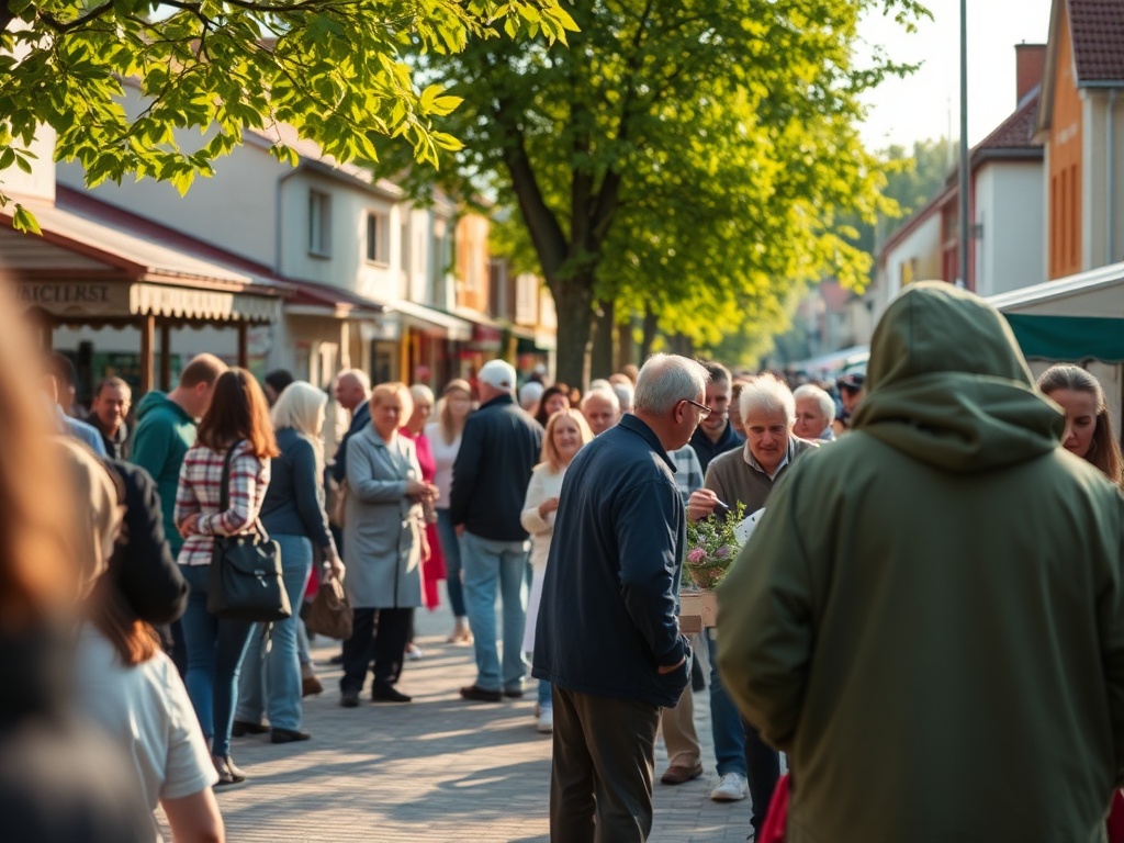 Widok na zielony park miejski w Skórczu podczas majówki, z ludźmi odpoczywającymi na trawie.