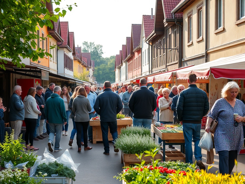 Mieszkańcy Skórcza świętujący majówkę na tle zieleni miejskiej.